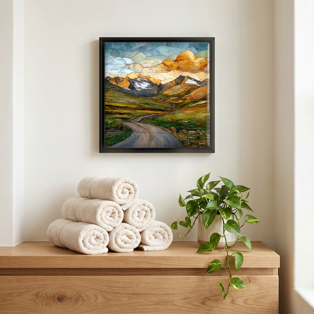 Above the linens, in a slim black surround.