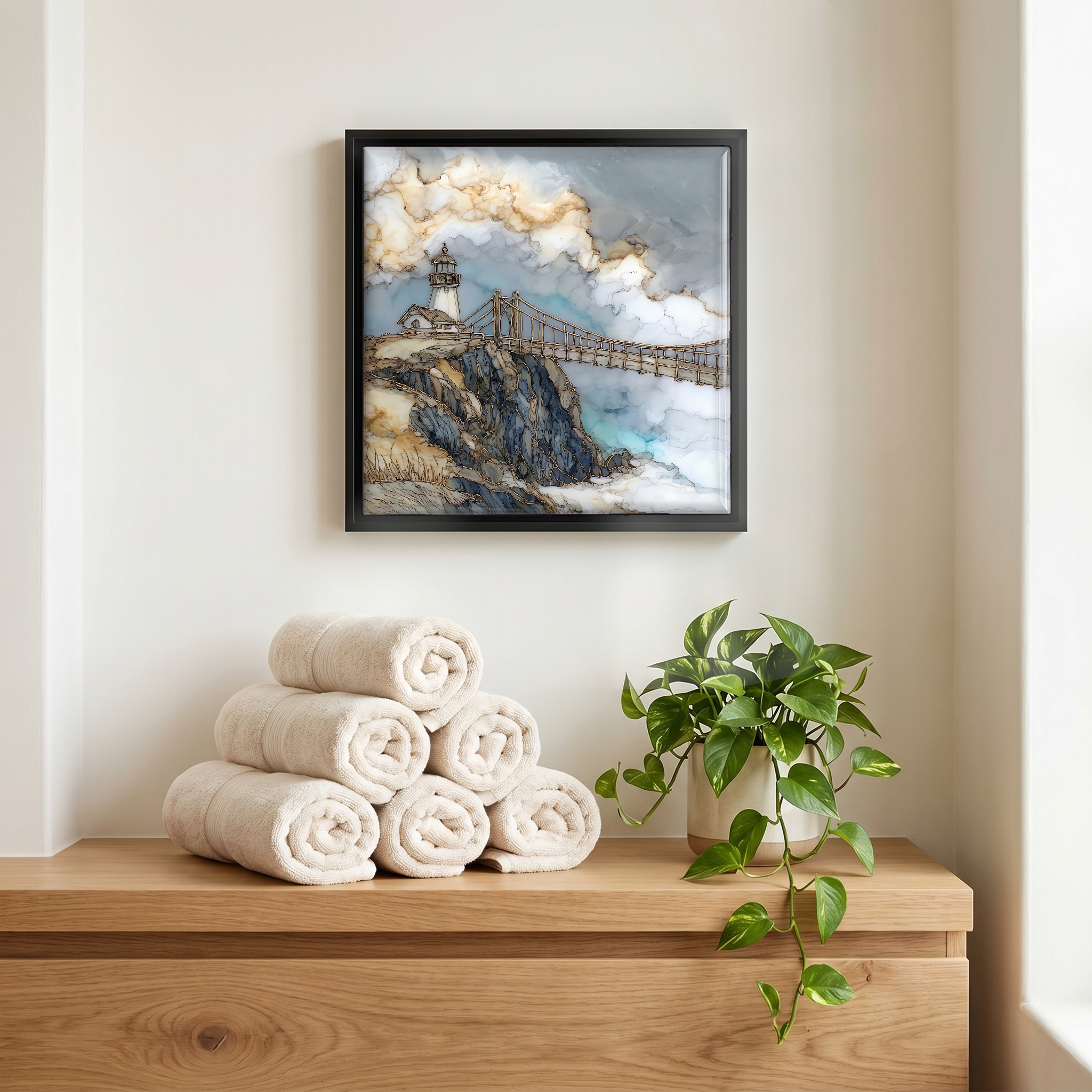 Above the linens, in a slim black surround.