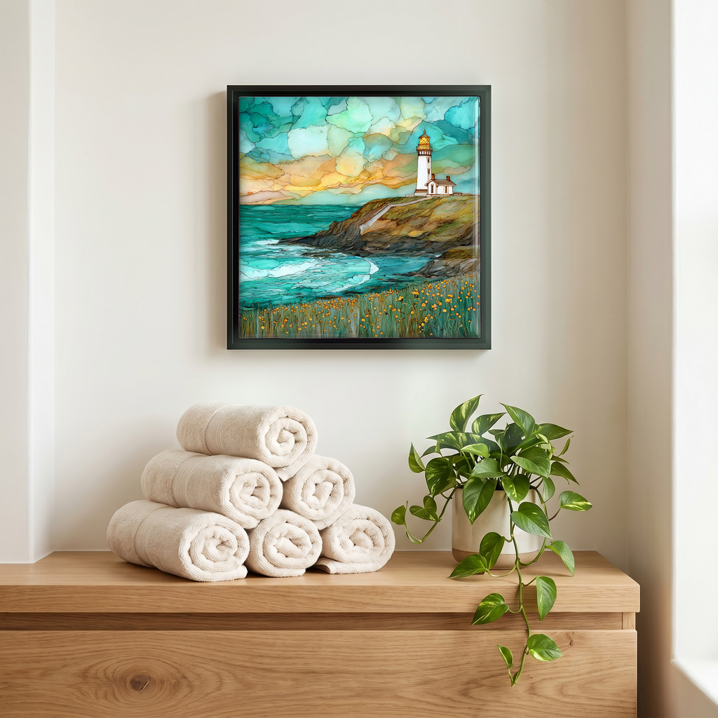 Above the linens, in a slim black surround.