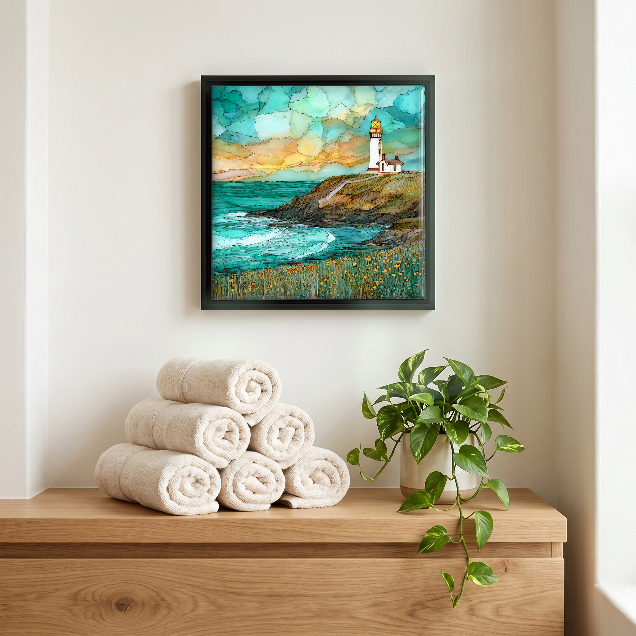 Above the linens, in a slim black surround.