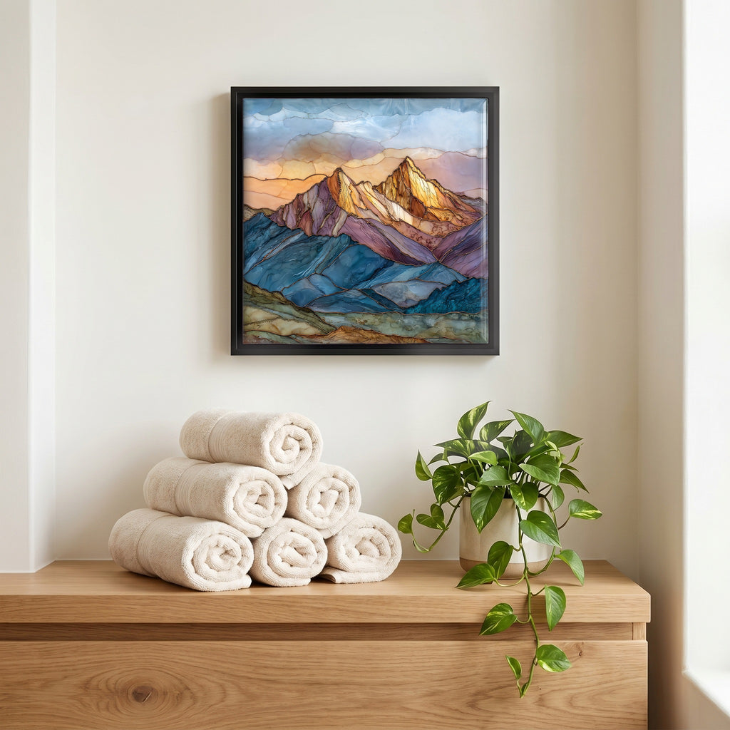 Above the linens, in a slim black surround.