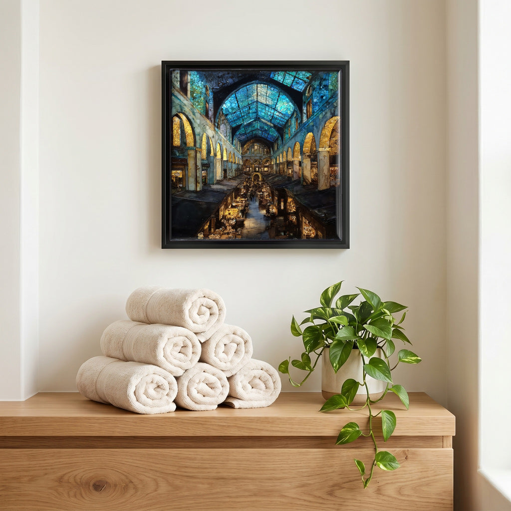 Above the linens, in a slim black surround.