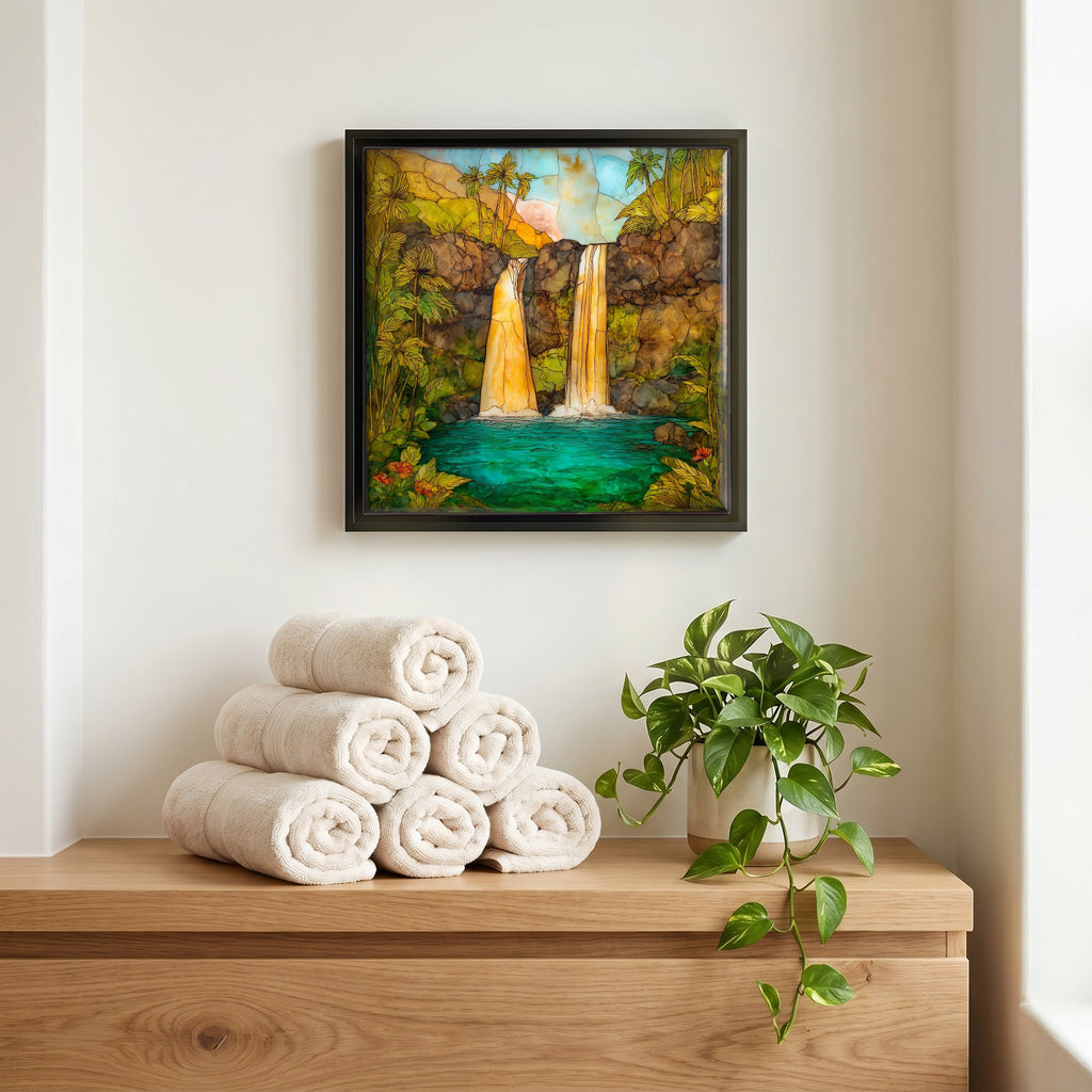 Above the linens, in a slim black surround.