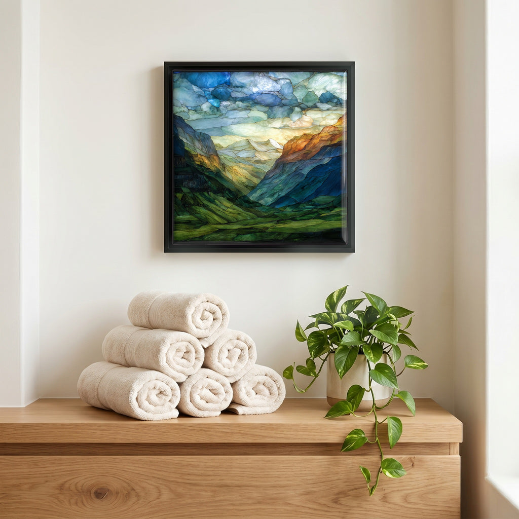 Above the linens, in a slim black surround.