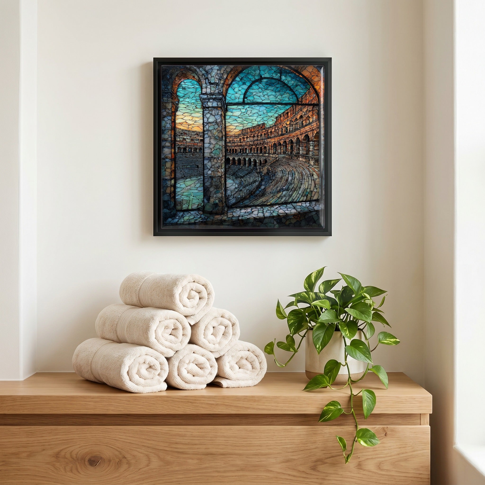 Above the linens, in a slim black surround.
