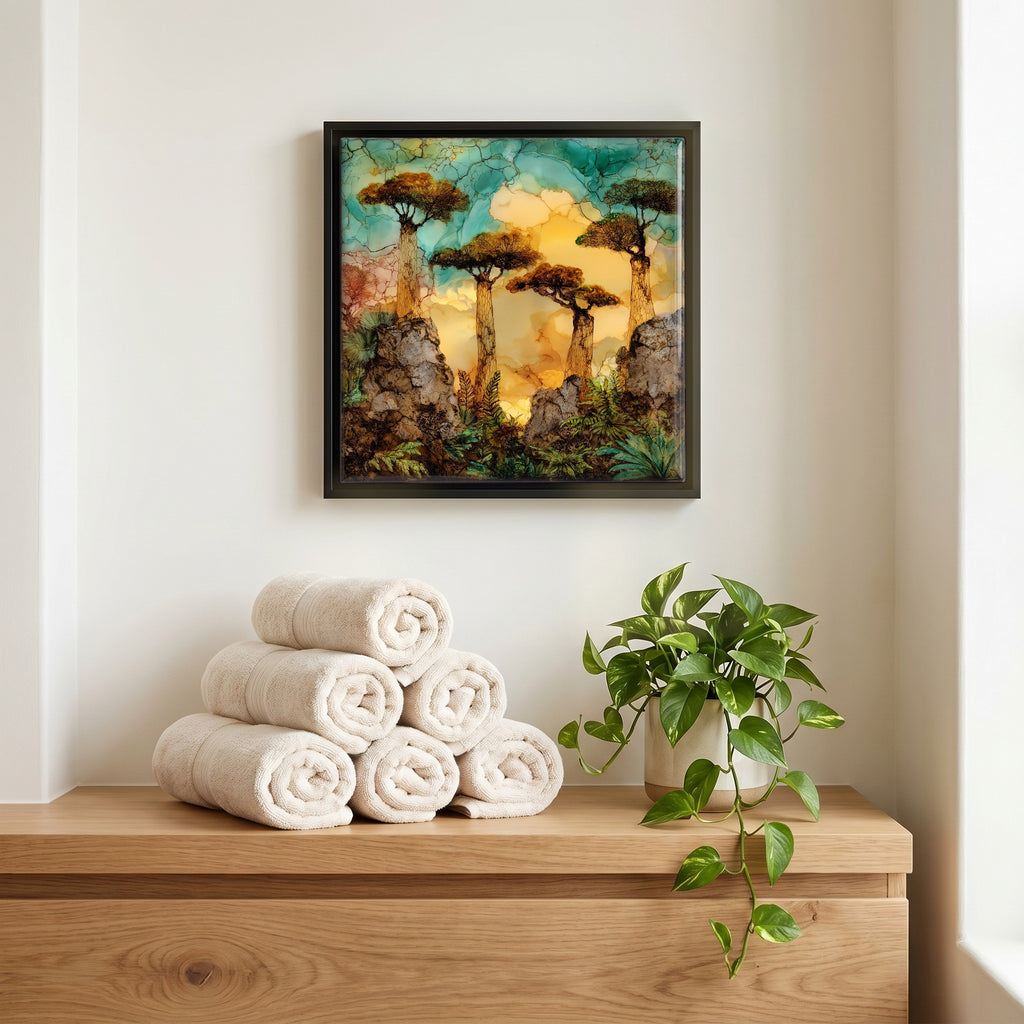 Above the linens, in a slim black surround.