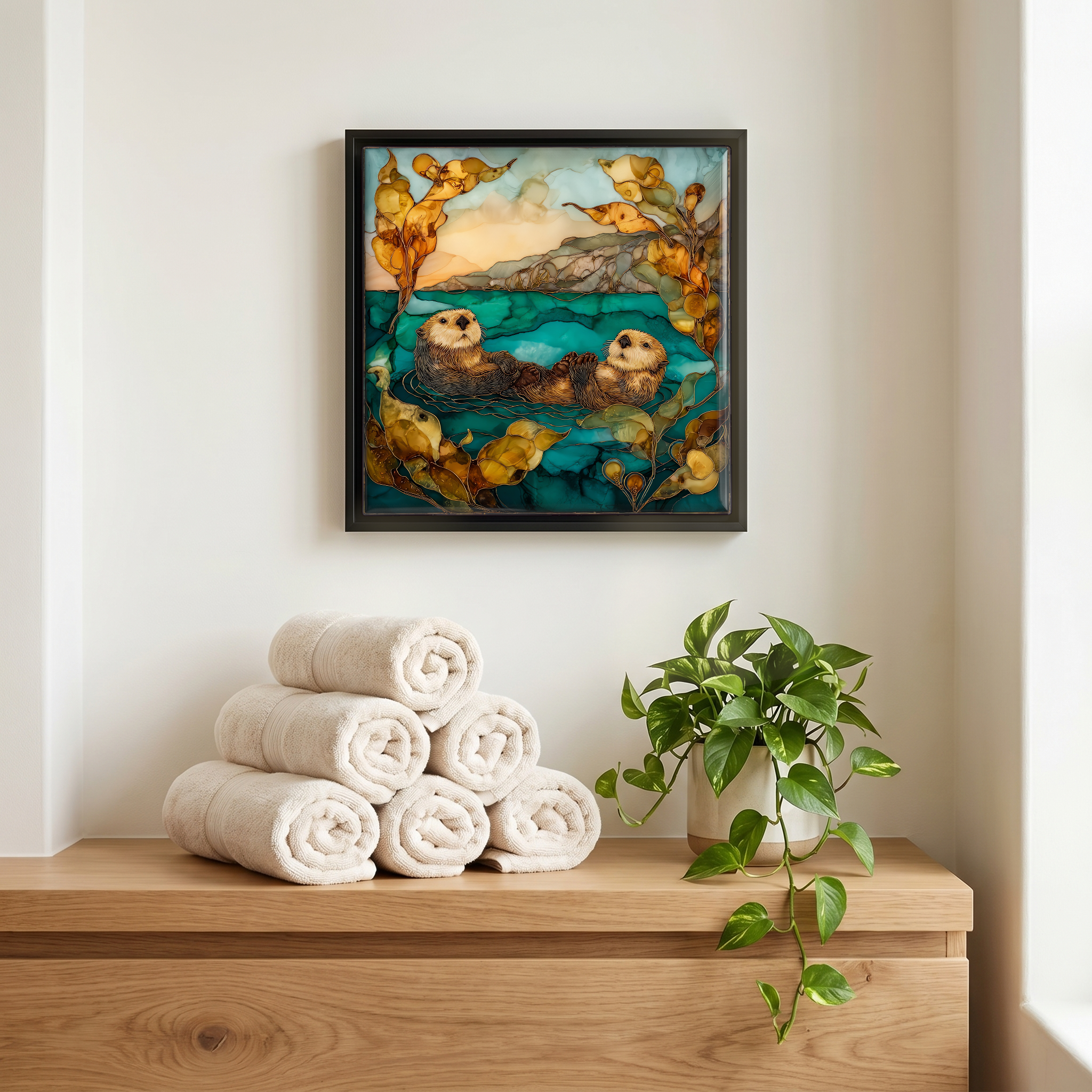 Above the linens, in a slim black surround.