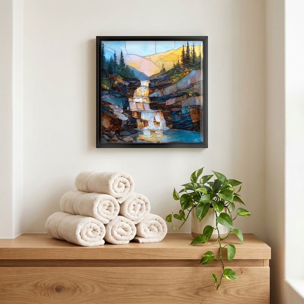 Above the linens, in a slim black surround.