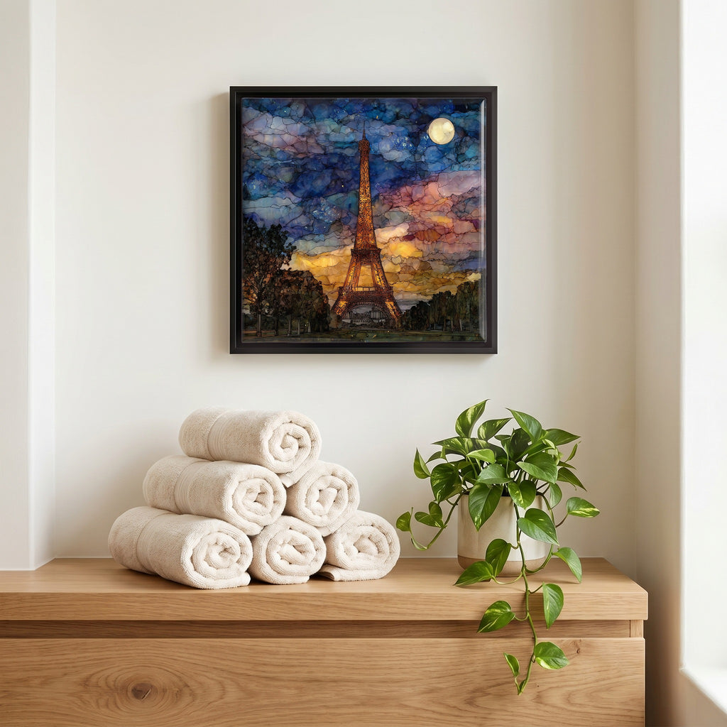 Above the linens, in a slim black surround.