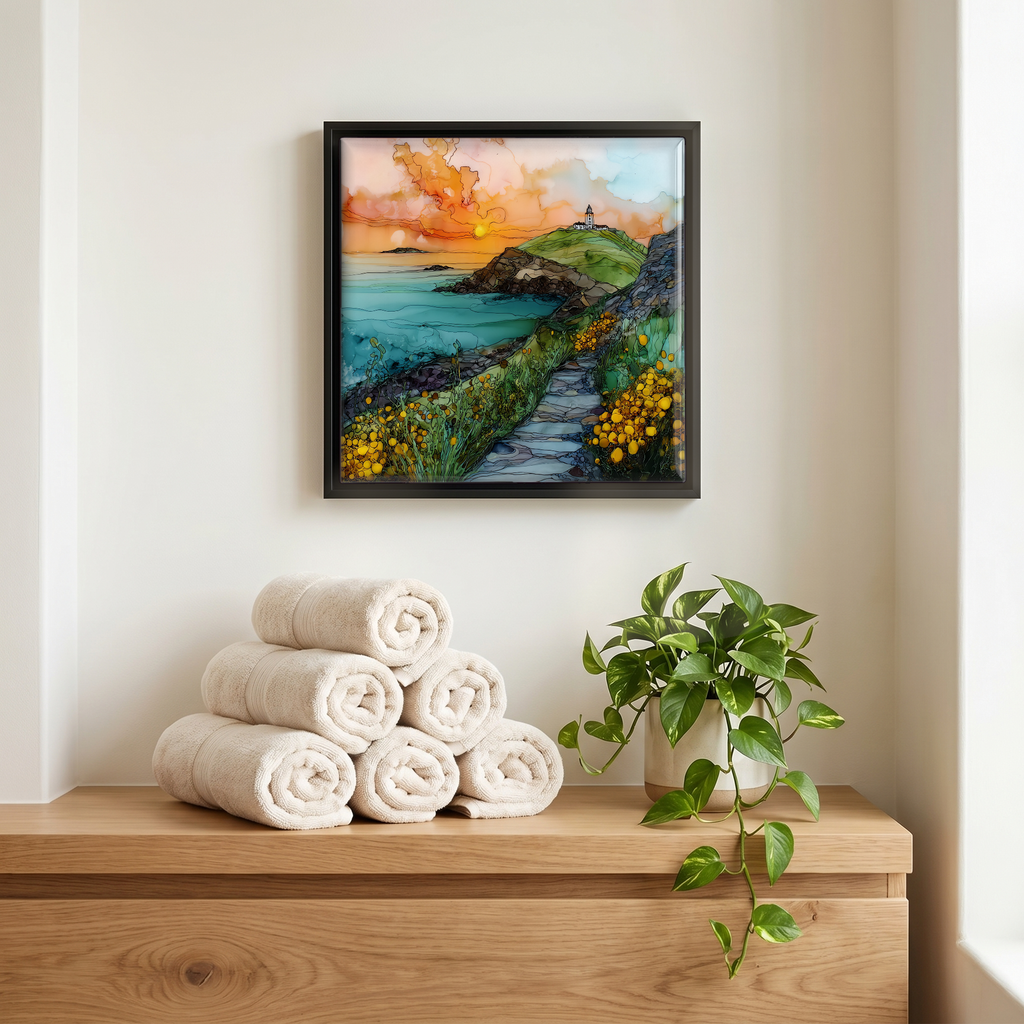 Above the linens, in a slim black surround.
