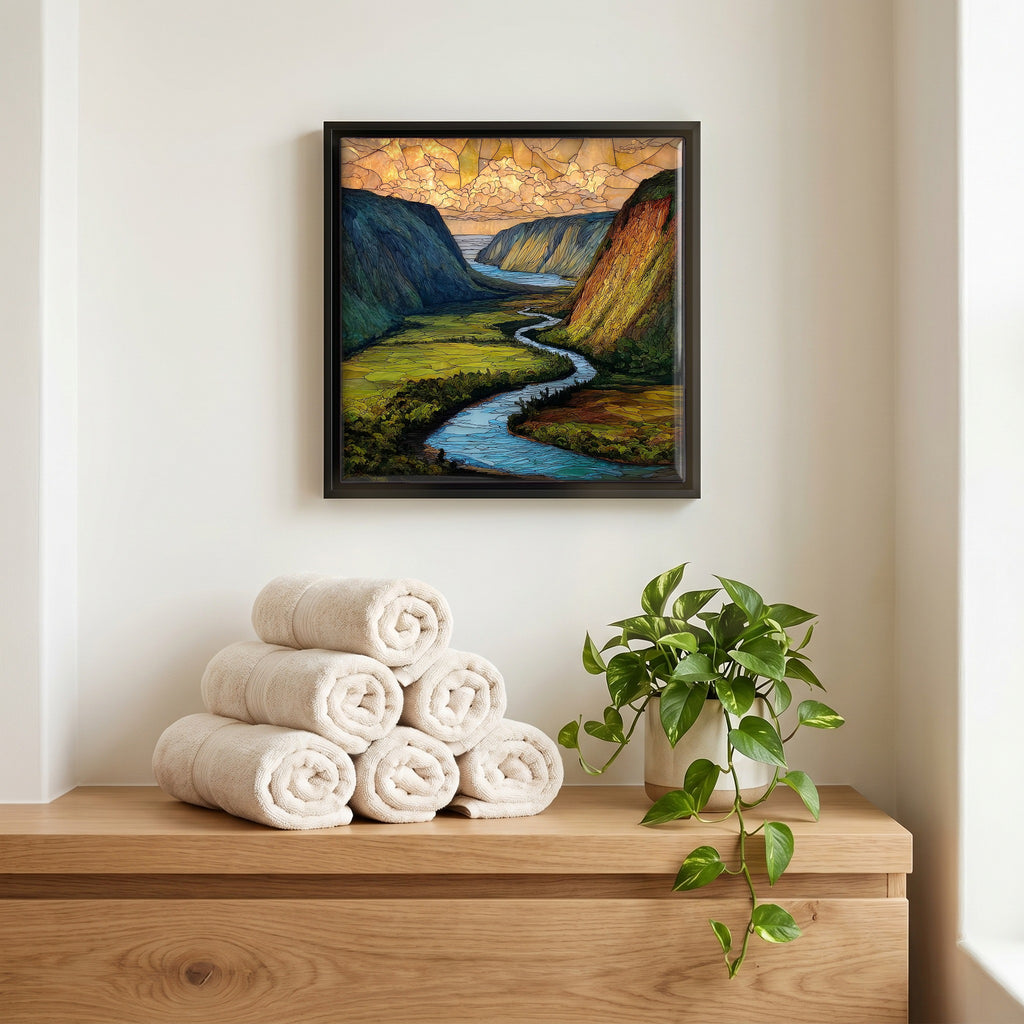 Above the linens, in a slim black surround.