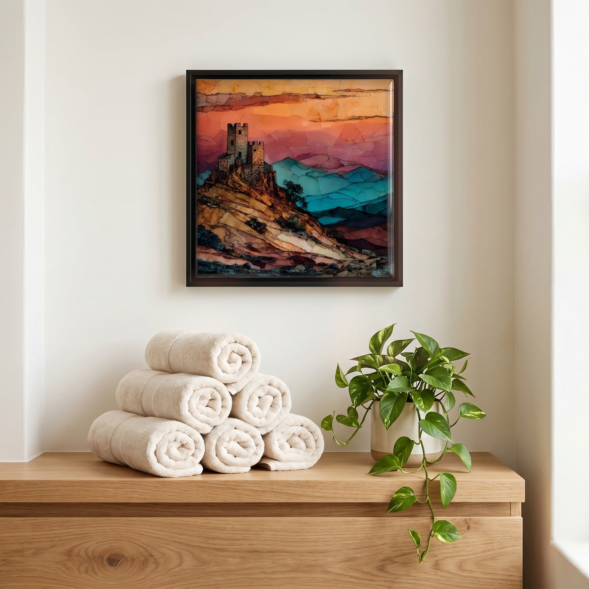 Above the linens, in a slim black surround.
