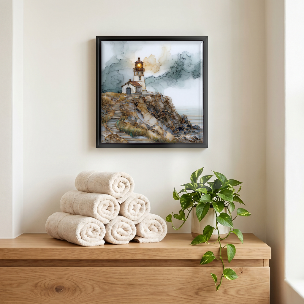 Above the linens, in a slim black surround.