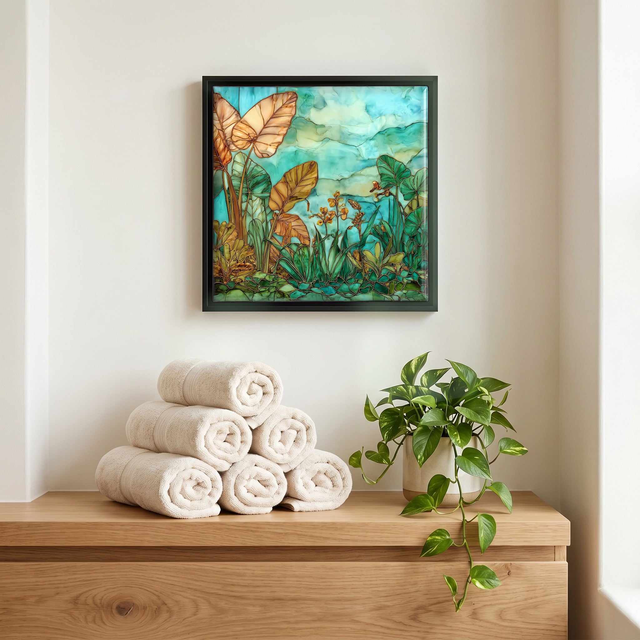 Above the linens, in a slim black surround.