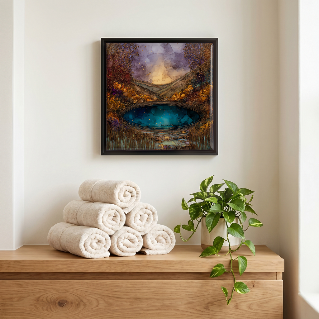 Above the linens, in a slim black surround.
