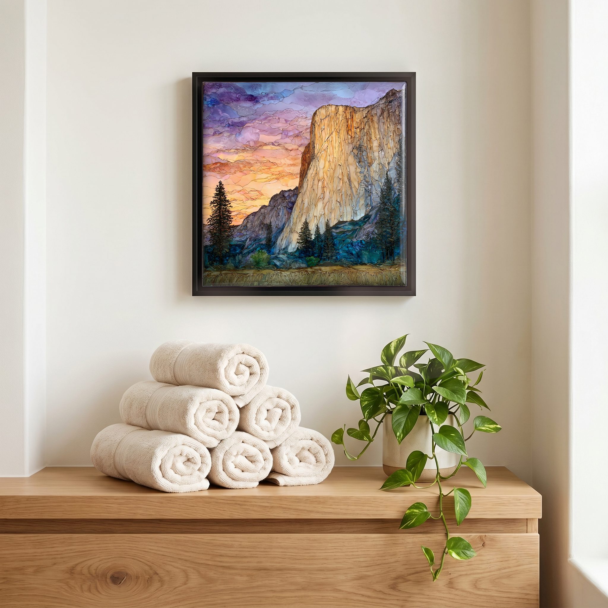 Above the linens, in a slim black surround.
