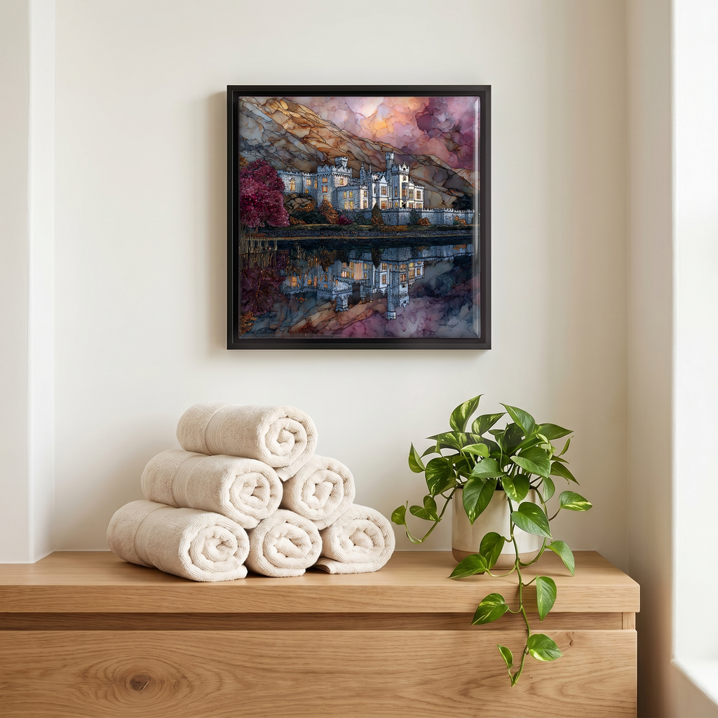 Above the linens, in a slim black surround.