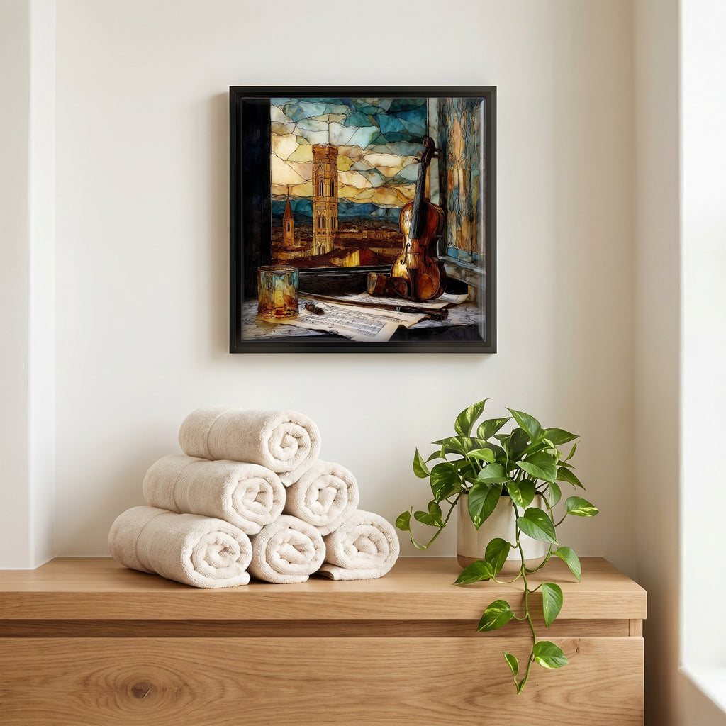 Above the linens, in a slim black surround.