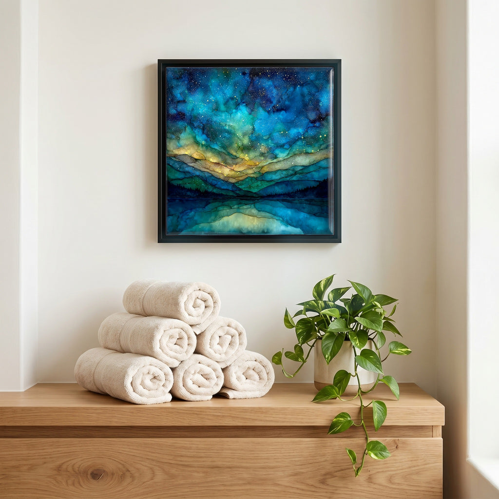 Above the linens, in a slim black surround.