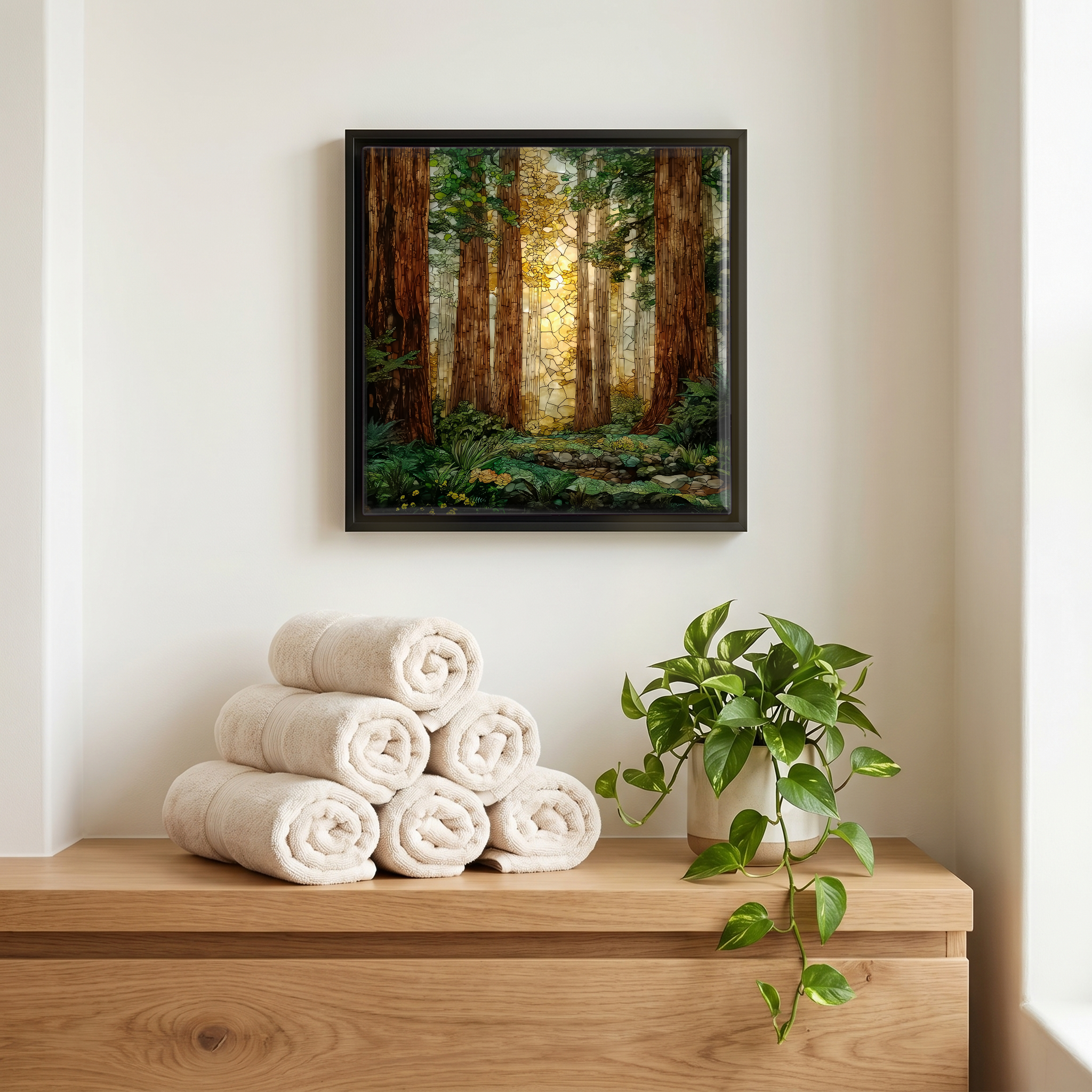 Above the linens, in a slim black surround.