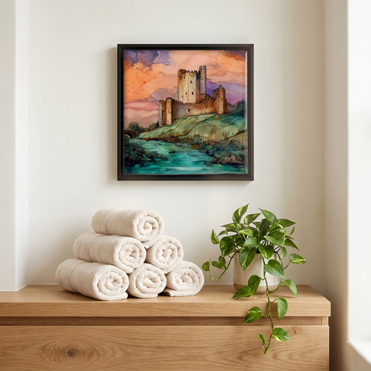 Above the linens, in a slim black surround.