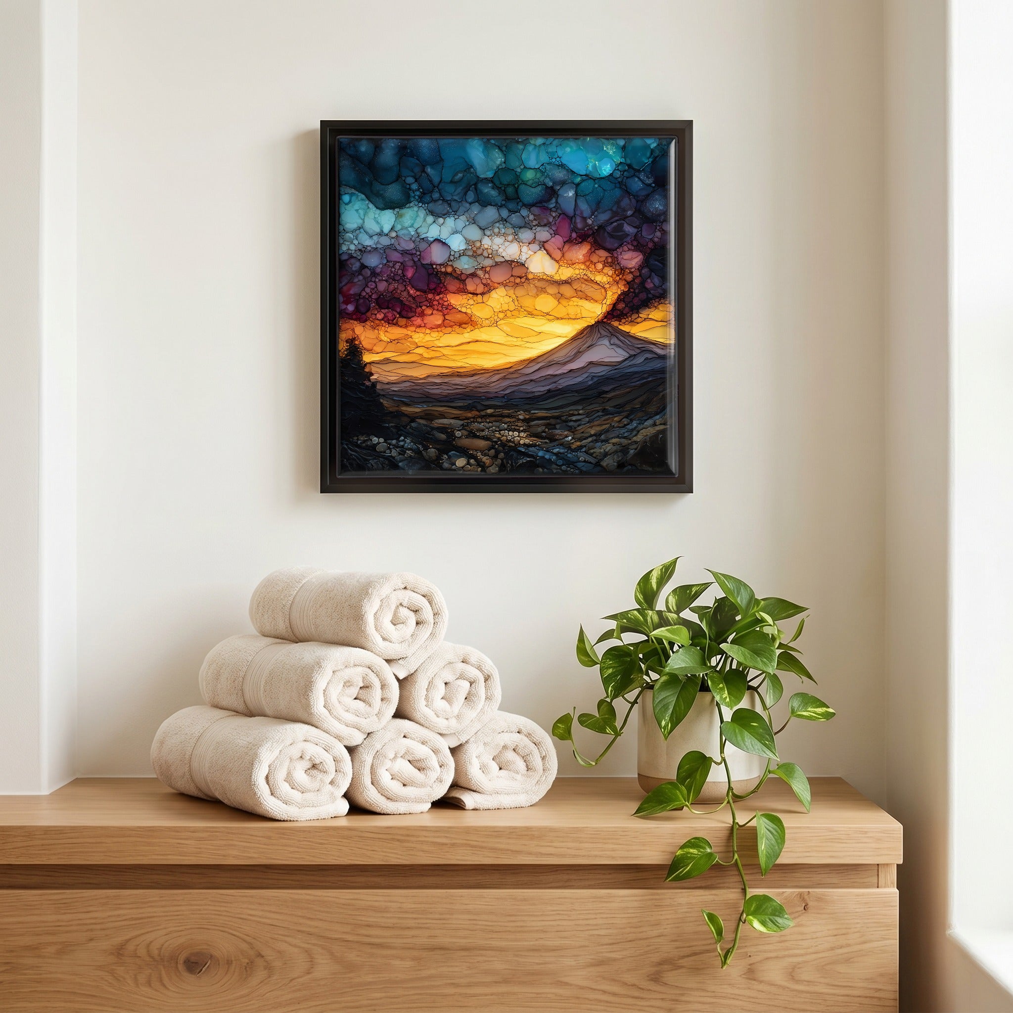 Above the linens, in a slim black surround.