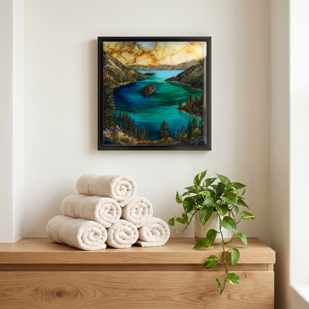 Above the linens, in a slim black surround.