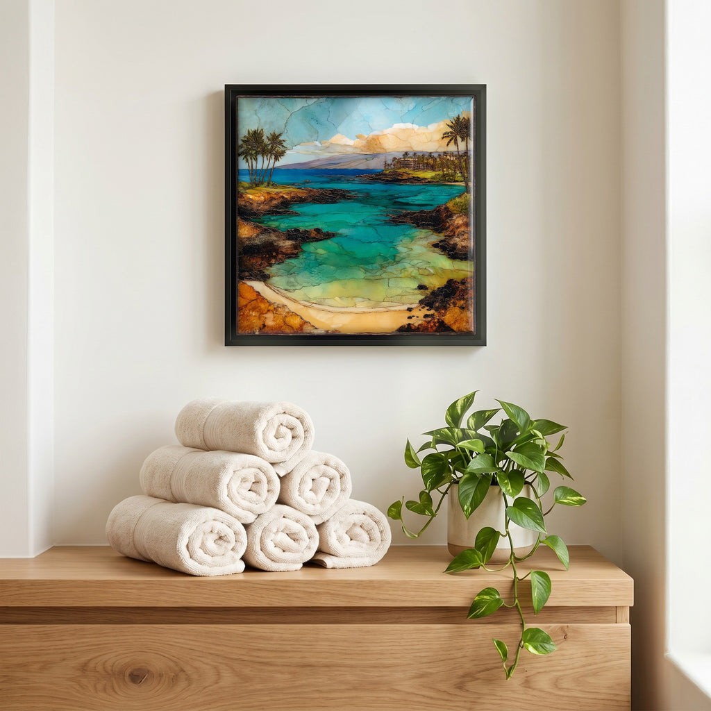 Above the linens, in a slim black surround.
