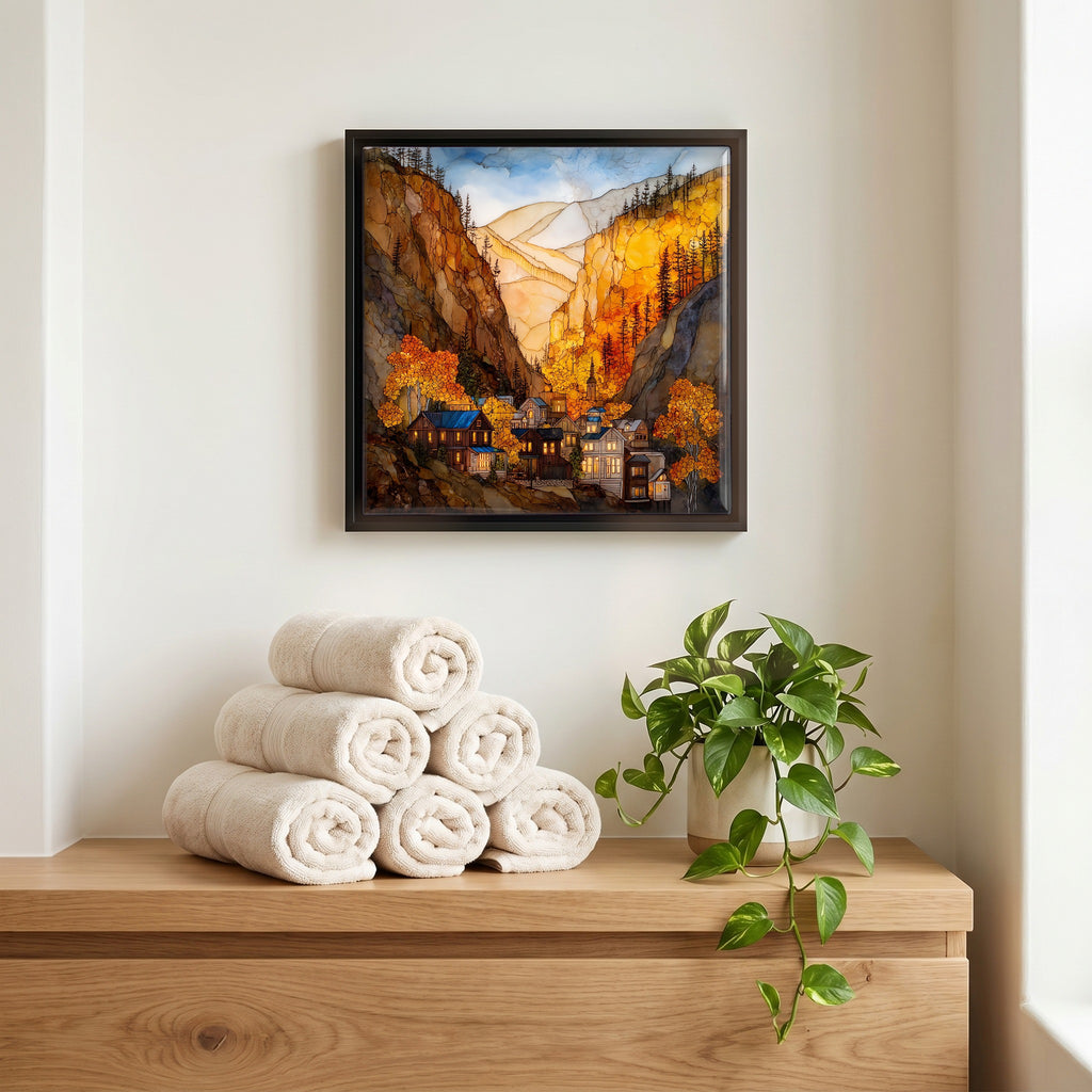 Above the linens, in a slim black surround.