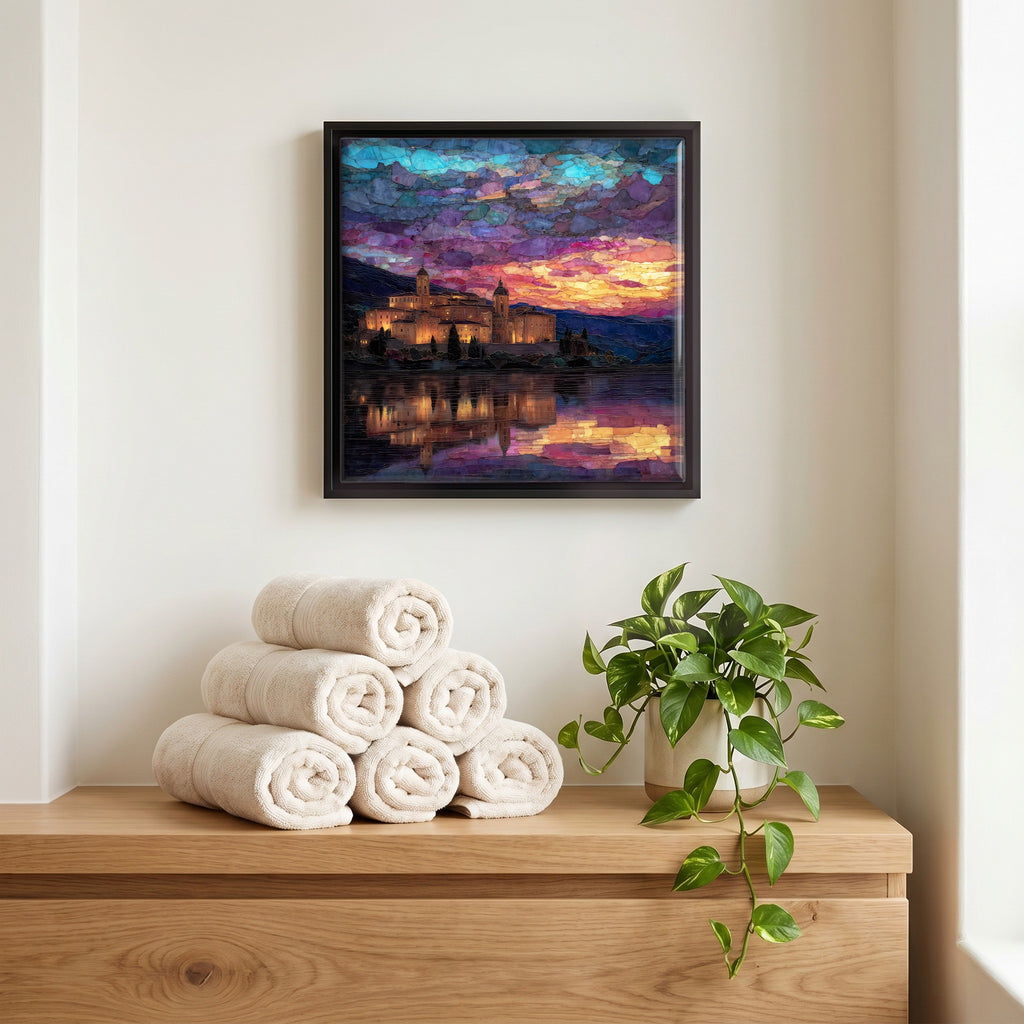 Above the linens, in a slim black surround.