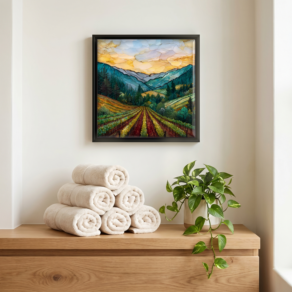 Above the linens, in a slim black surround.