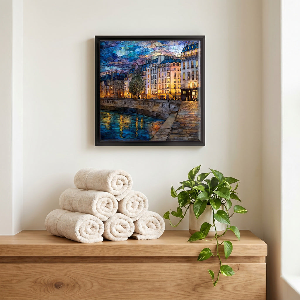 Above the linens, in a slim black surround.