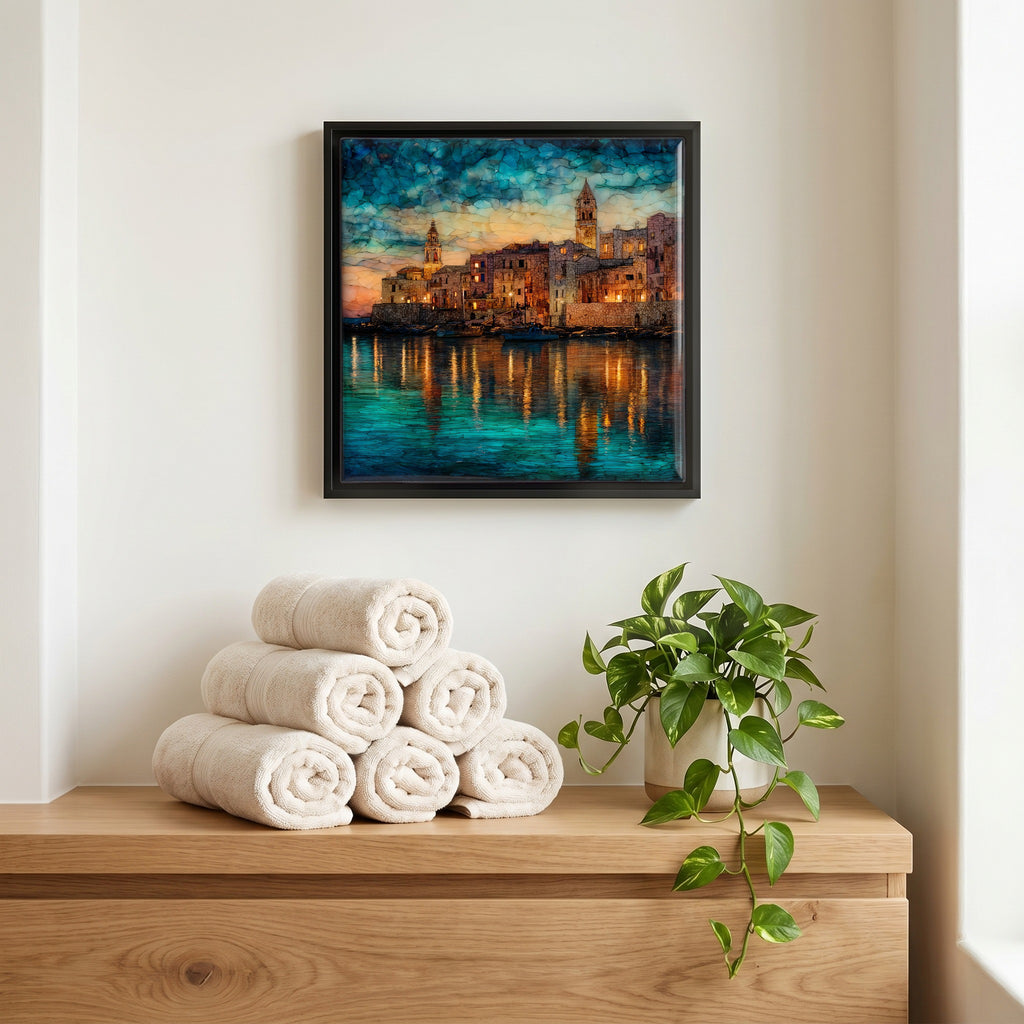 Above the linens, in a slim black surround.