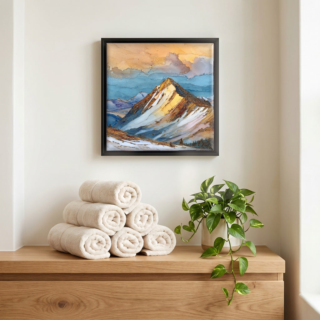Above the linens, in a slim black surround.