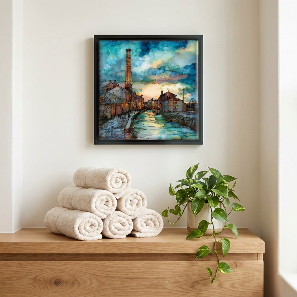 Above the linens, in a slim black surround.
