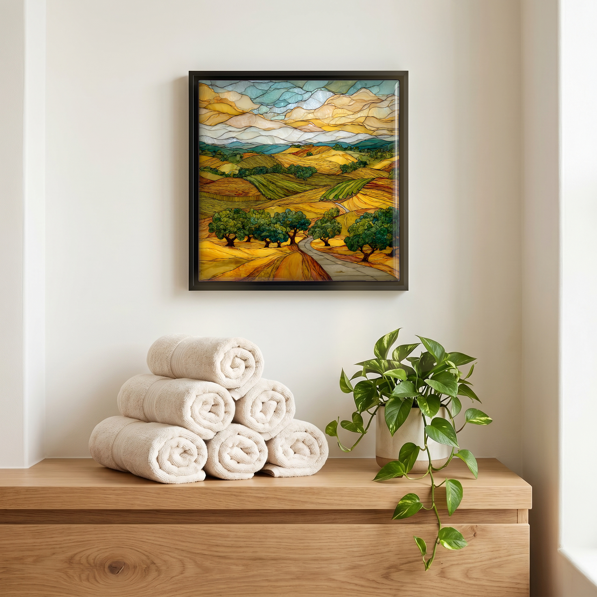 Above the linens, in a slim black surround.