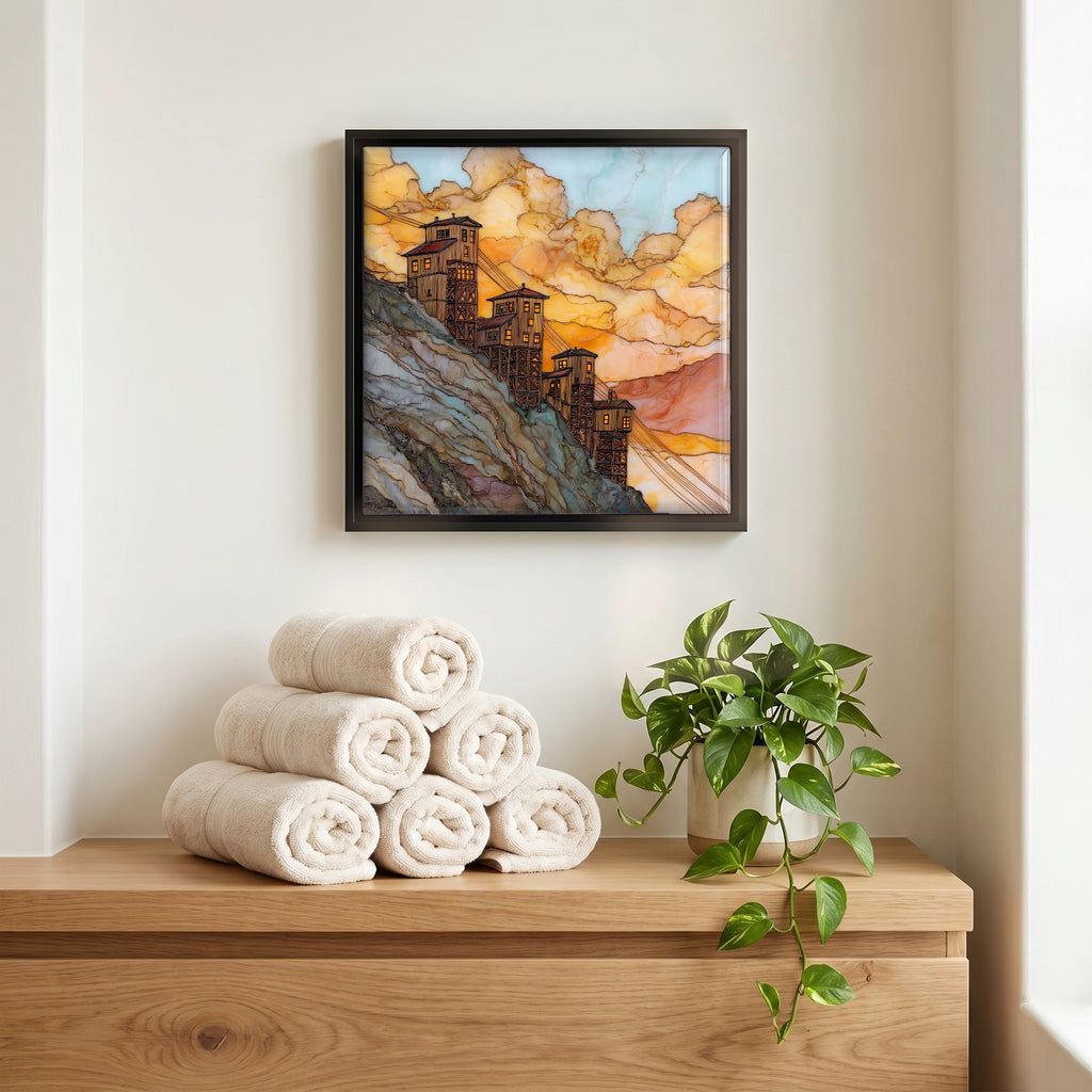 Above the linens, in a slim black surround.