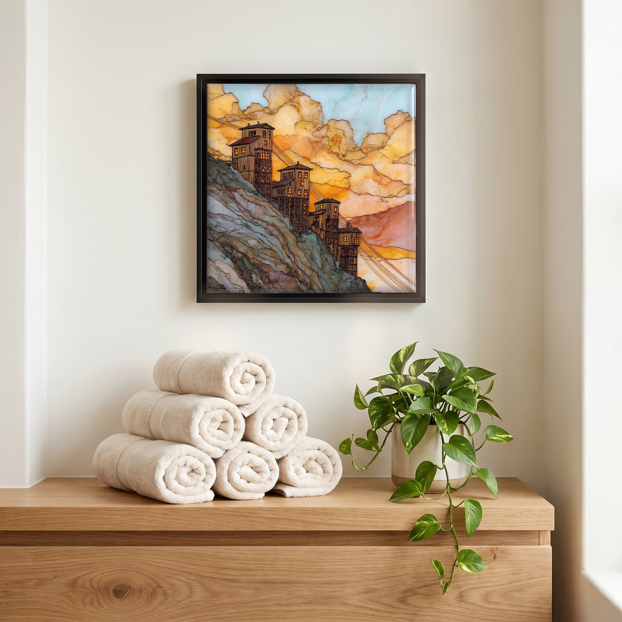 Above the linens, in a slim black surround.