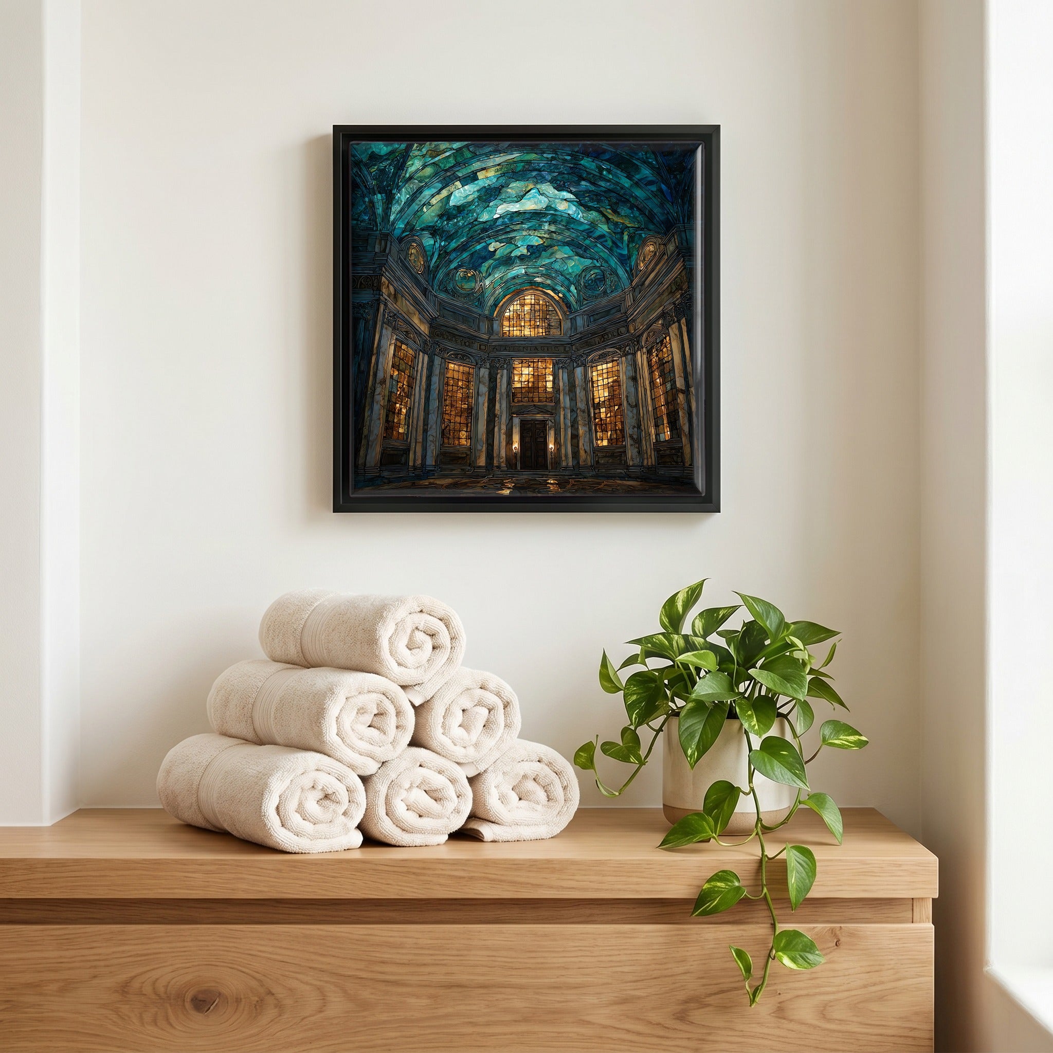 Above the linens, in a slim black surround.