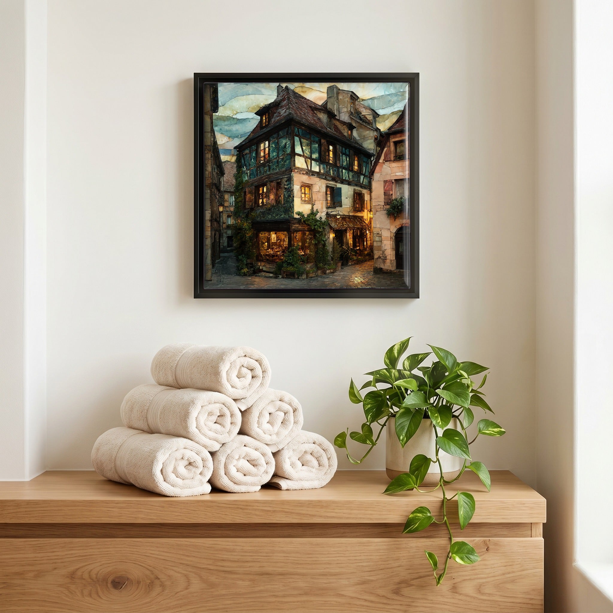 Above the linens, in a slim black surround.