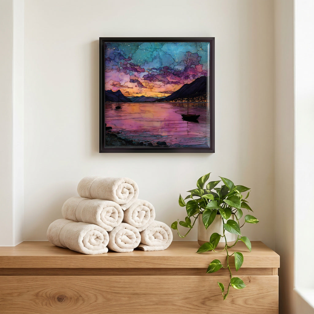 Above the linens, in a slim black surround.