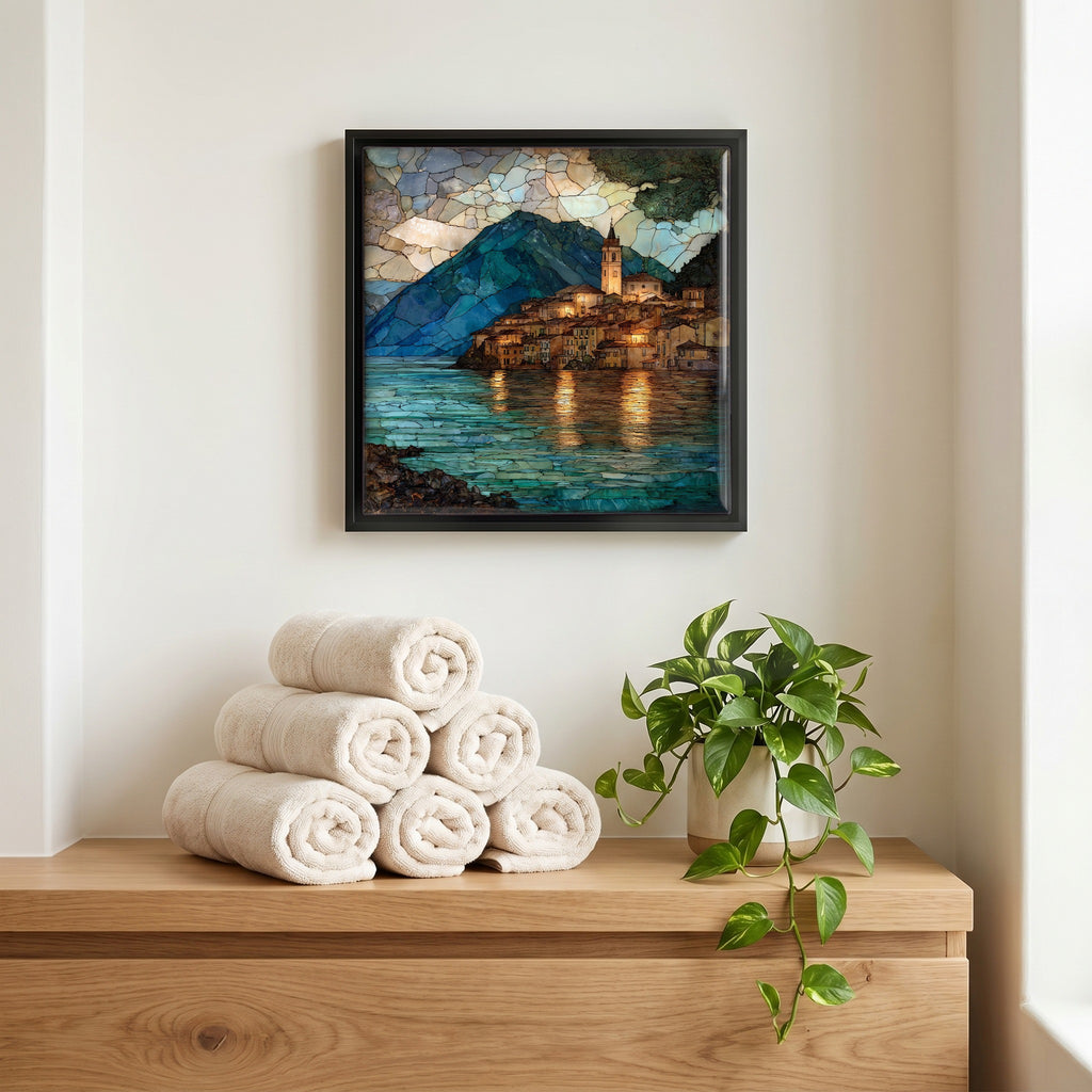 Above the linens, in a slim black surround.