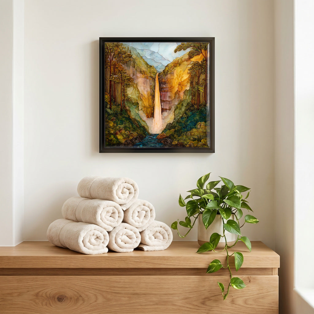 Above the linens, in a slim black surround.