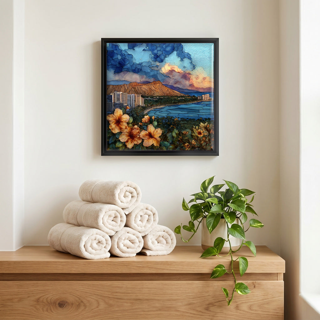 Above the linens, in a slim black surround.