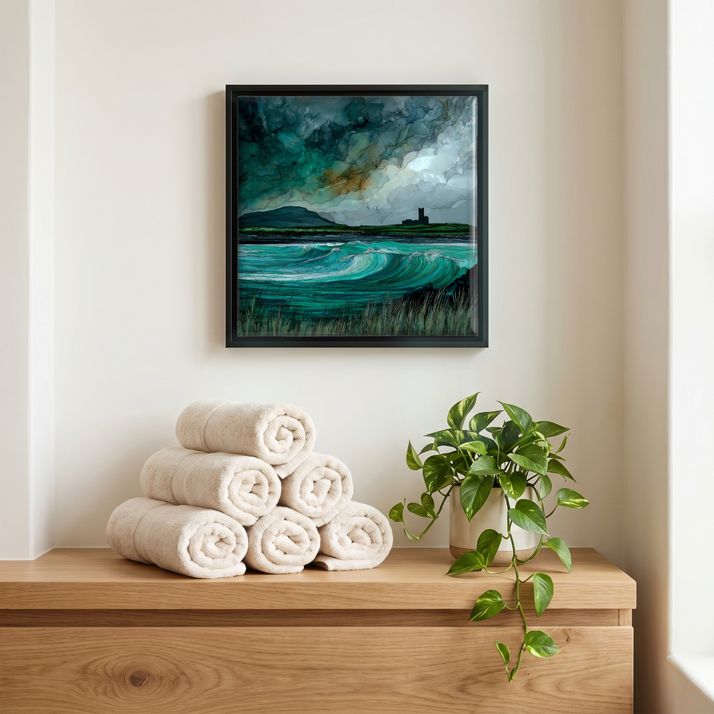 Above the linens, in a slim black surround.