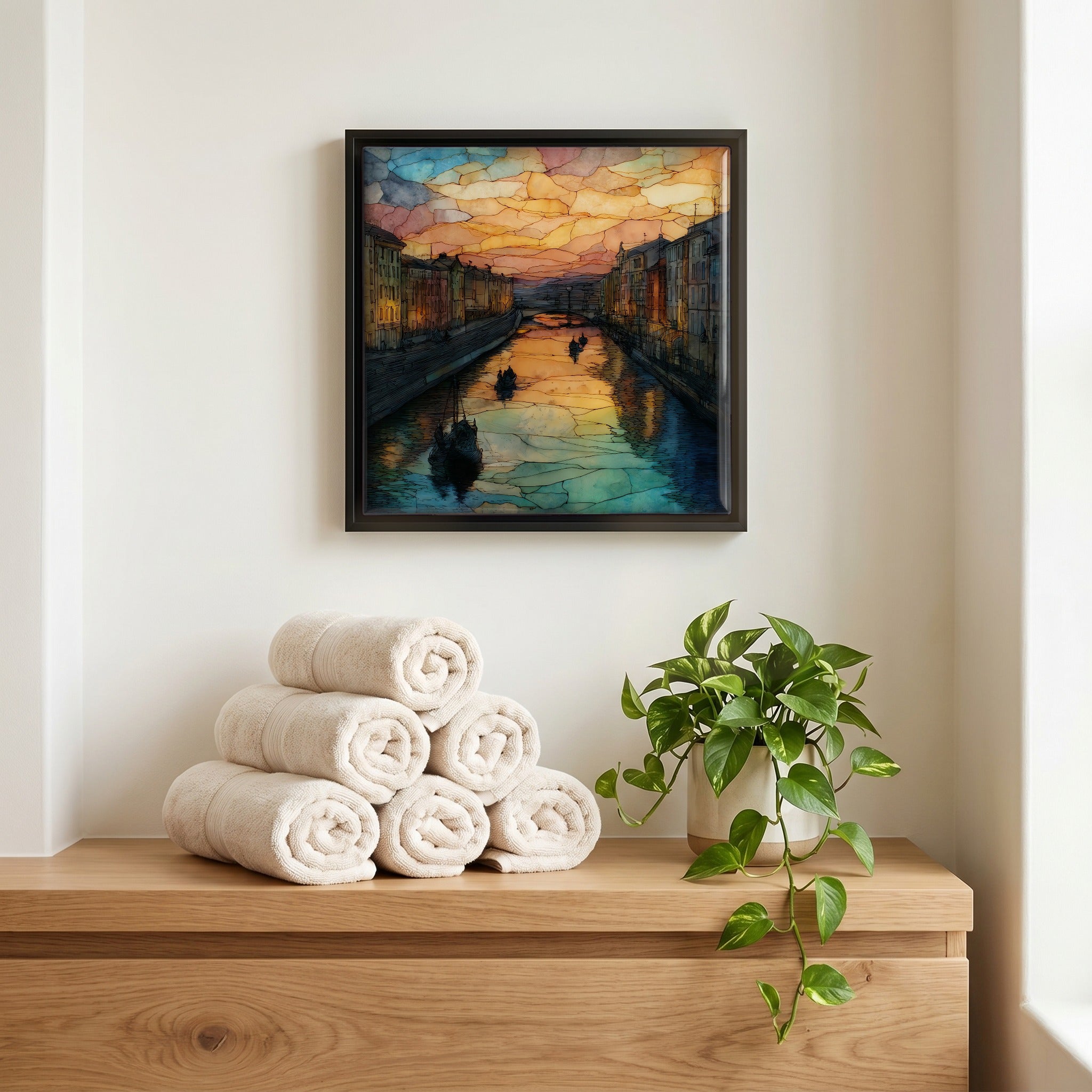 Above the linens, in a slim black surround.