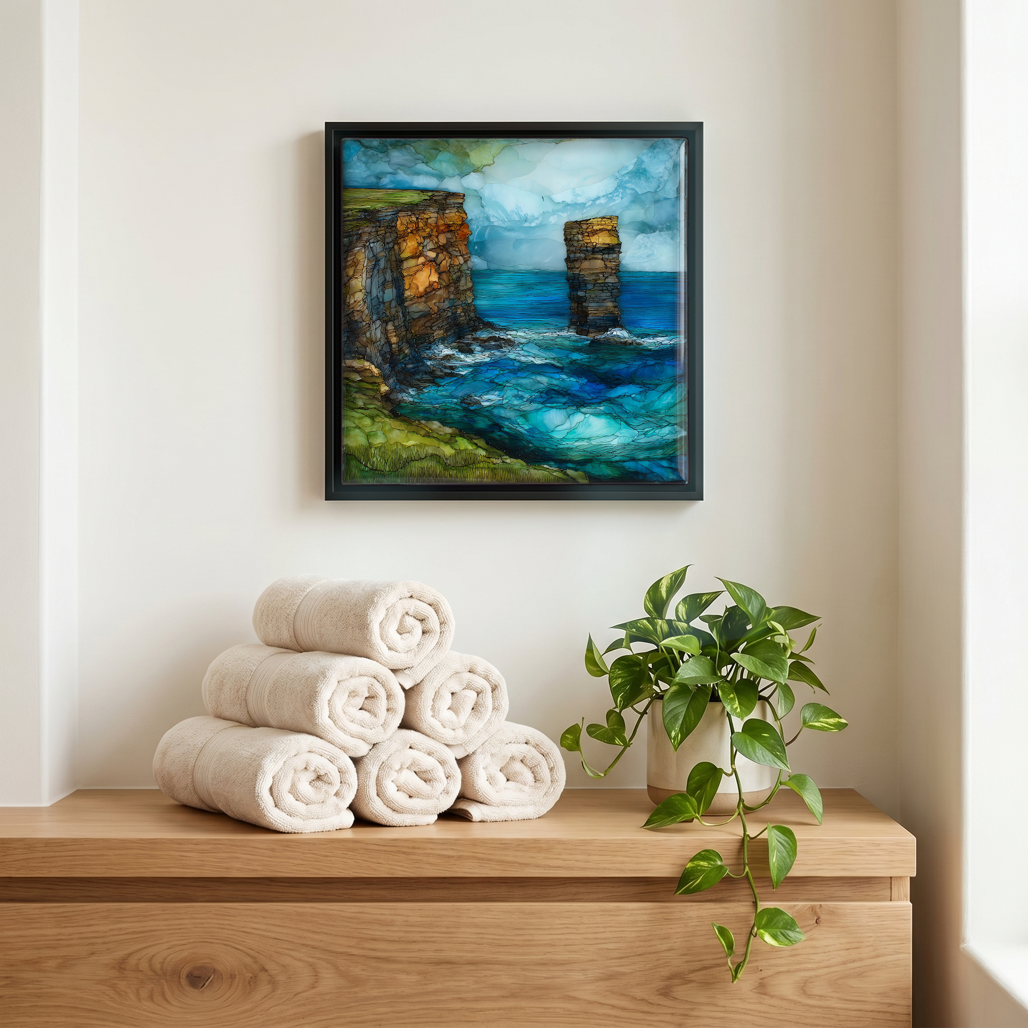 Above the linens, in a slim black surround.