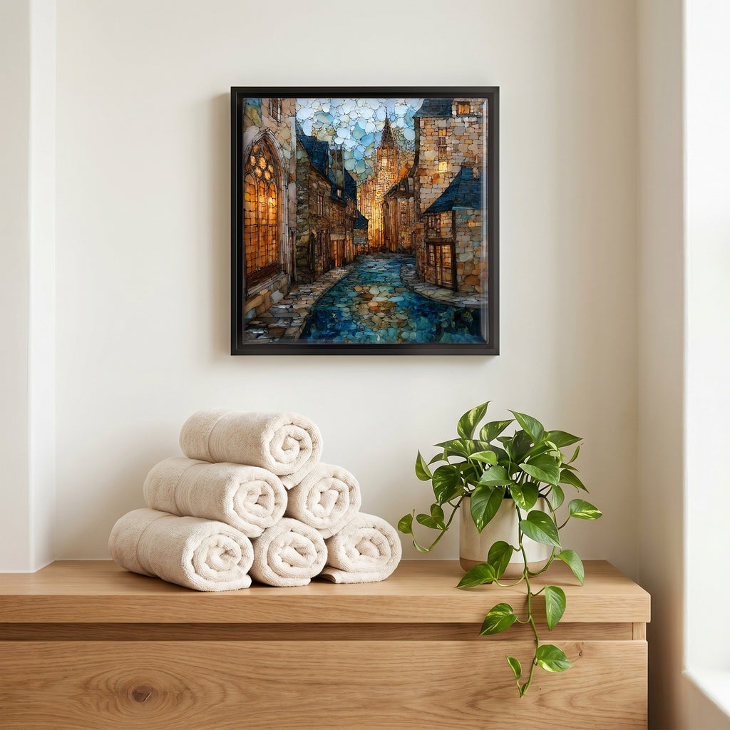 Above the linens, in a slim black surround.