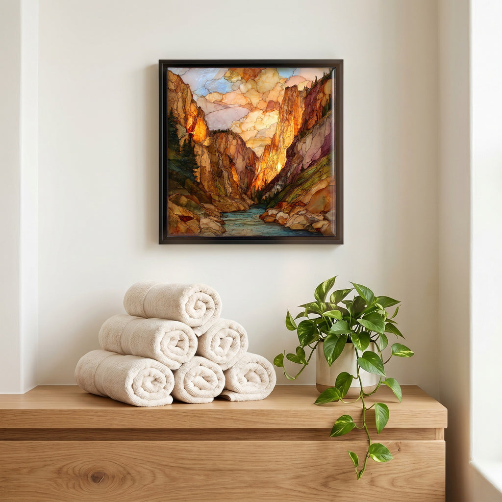 Above the linens, in a slim black surround.