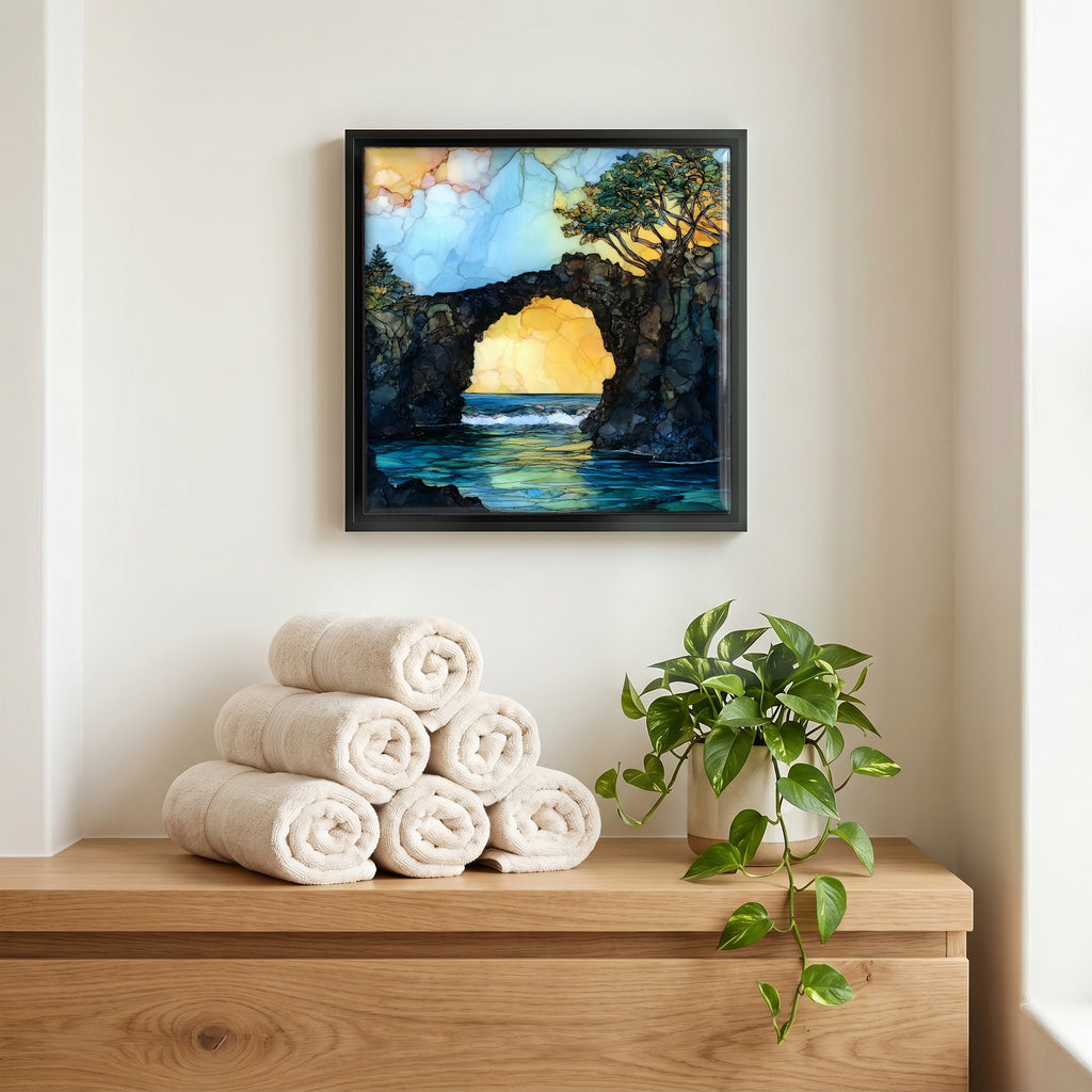 Above the linens, in a slim black surround.